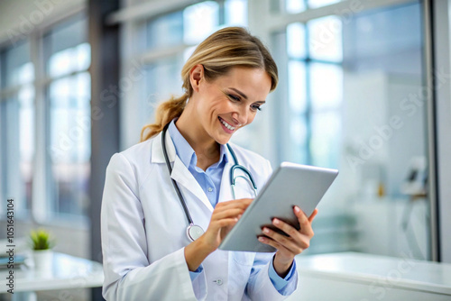 30 years old female doctor smiling at tablet, reviewing good lab results