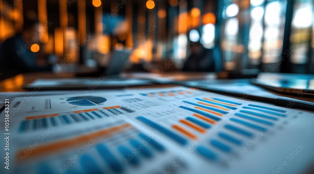 Charts and reports lie on a well-lit office table, indicating business analytics, while a blurred backdrop captures workplace conversations and tasks.
