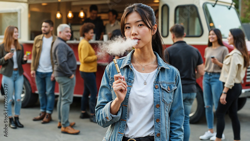 Young woman in the center, exuding a relaxed vibe. She's wearing a casual outfit with a denim jacket and white t-shirt. Modern urban background with diverse crowd gathered around coffee truck. 