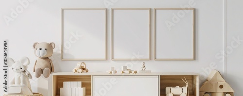 Three blank picture frames on a white wall in a modern nursery. with a wooden shelf. stuffed animals. and toy blocks