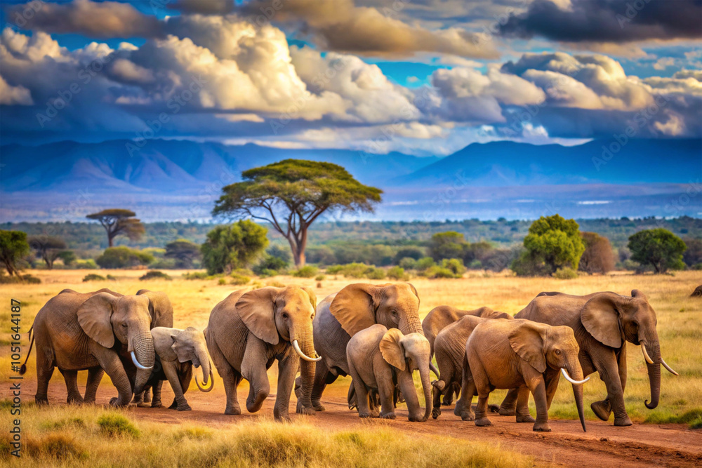 Obraz premium African elephant herd moving together in wilderness, serene African landscape backdrop.