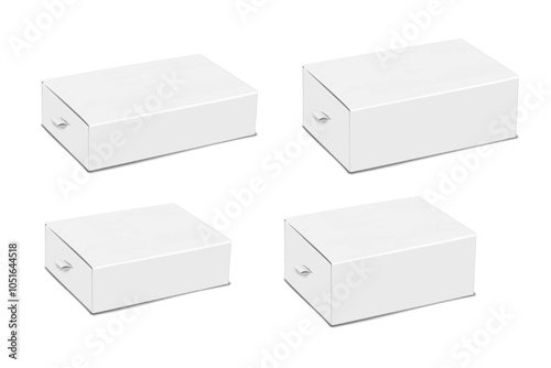 Cardboard tray and sleeve gift box with ribbon pull-tab handle. 3d vector mock-up set. White blank paper slider drawer box. Realistic mockup. Paperboard sliding lid container. Template for design