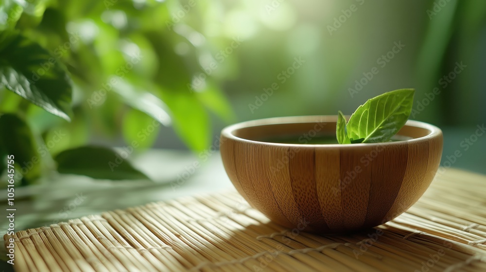 Bamboo bowl with green leaves, natural decor, soft lighting, serene atmosphere Bamboo bowl with green leaves, natural decor, soft lighting, serene atmosphere