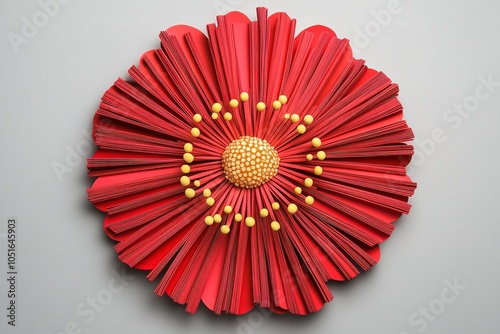 A red paper flower mandala with yellow dots in the center, made of small cut and folded pieces of construction paper on a white wall background