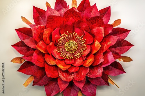 A red paper flower mandala with yellow dots in the center, made of small cut and folded pieces of construction paper on a white wall background