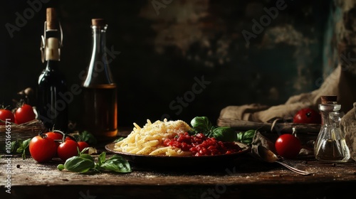 Italian pasta on rustic table Mediterranean cuisine setup with ingredients like sauce olive oil basil and tomato photo