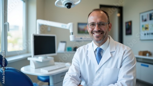 Cheerful denist in a white coat, posing confidently in a stylish dental clinic. photo