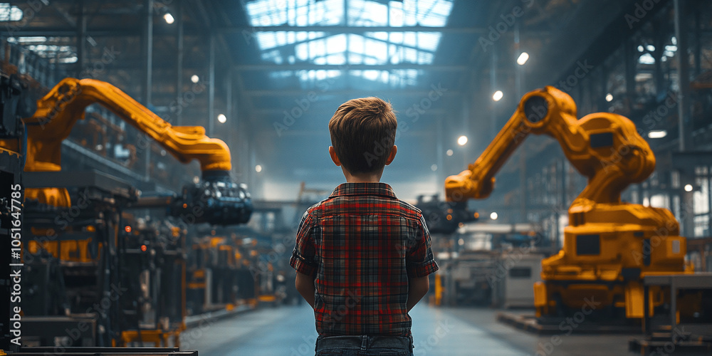 Fototapeta premium Young boy stands in awe as he controls a massive industrial robot in a high-tech factory environment, symbolizing innovation and curiosity.