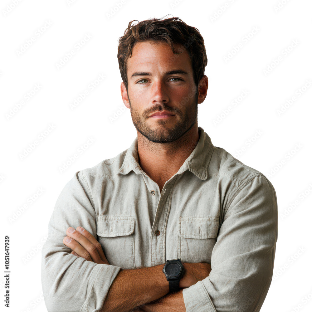 Obraz premium Modern bearded man portrait, casual white button-up shirt and wristwatch, confident male model headshot for lifestyle ads isolated PNG with Transparent Background