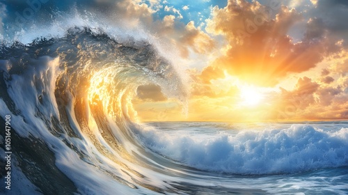 Fototapeta Naklejka Na Ścianę i Meble -  A tidal wave crashing against the shore at sunrise, with the sun’s rays highlighting the unstoppable force of ocean water.