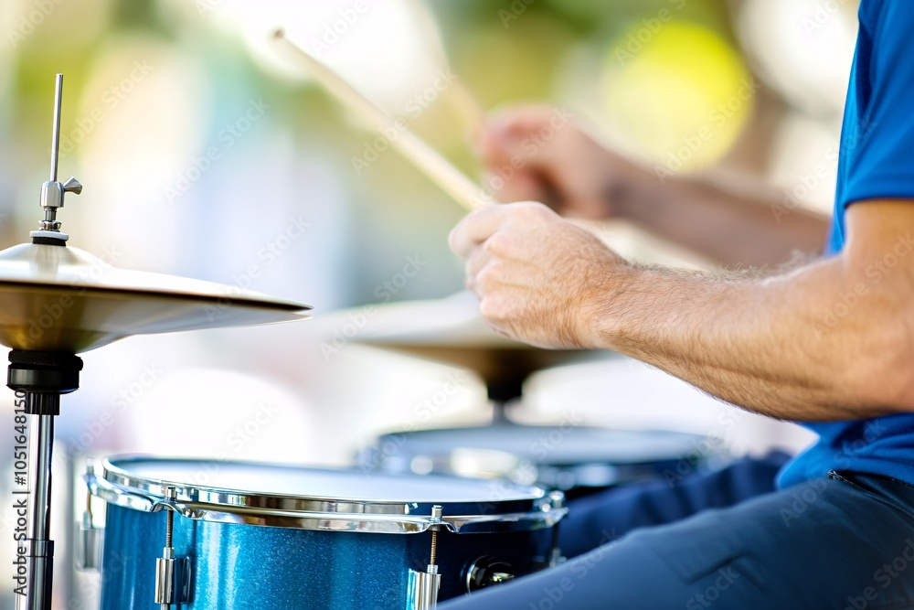 A drummer plays energetically on a blue drum set outdoors, showcasing rhythm and passion in a vibrant musical setting. A drummer plays energetically on a blue drum set outdoors, showcasing rhythm and passion in a vibrant musical setting.