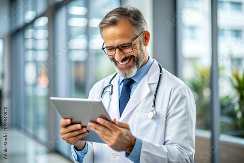 Cheerful doctor reading positive results on tablet, digital healthcare access.