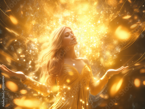Goddess Emitting Light Against a Cosmic Universe Background, Surrounded by Abundant Gold Coins, Symbolizing Prosperity and Power