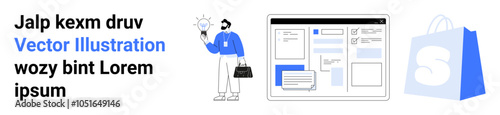 Man holding light bulb standing next to computer screen with web interface and shopping bag. Ideal for business ideas, online shopping, technology, e-commerce, and innovation. Landing page