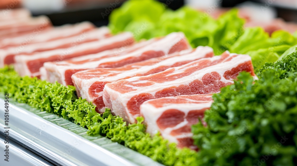 Fresh meat cuts displayed on a bed of vibrant green lettuce, showcasing quality and freshness in a professional setting. Fresh meat cuts displayed on a bed of vibrant green lettuce, showcasing quality and freshness in a professional setting.