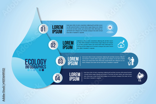 Infographic eco water blue design elements process 4 steps or options parts with drop of water. Ecology organic nature vector business template for presentation.