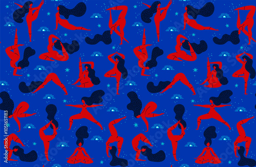  bright vibrant blue and red yoga workout seamless pattern photo