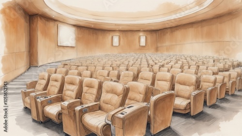 Modern cinema hall, comfortable seating, artistic representation, empty rows photo