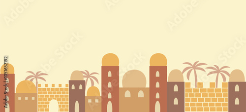 Mud buildings ancient city scene banner. Repeating architecture border. Vector illustration of minimalistic biblical cityscape panorama