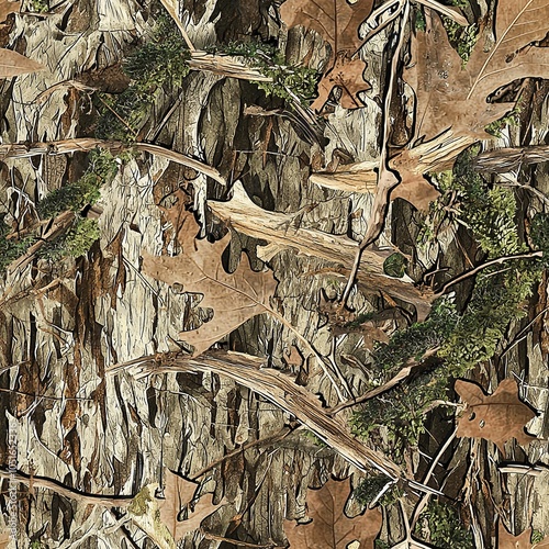 Mossy Oak Tree Bark Camo Hunting Texture, Seamless Tactical Camouflage Oak Leaves Pattern	