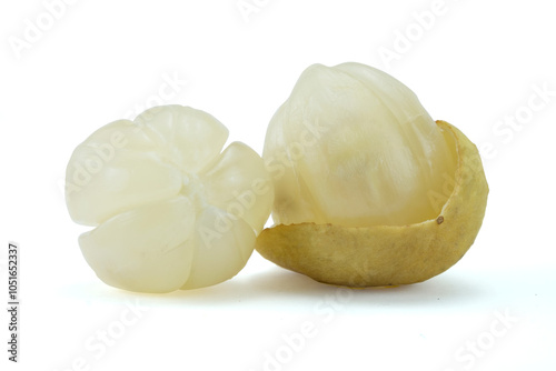 Group of long kong fruits or lansium parasticum, peel off isolated on white background with clipping path close up stacking photo