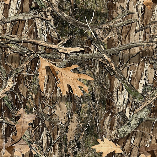 Mossy Oak Tree Bark Camo Hunting Texture, Seamless Tactical Camouflage Oak Leaves Pattern	