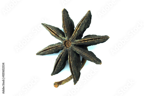 Dried Illicium verum (star anise or badian, Chinese star anise, star anise seed, star aniseed and star of anise) isolated on white background top view flat lay stacking photo