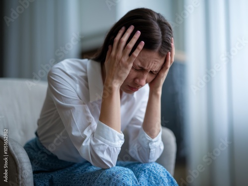 Woman Suffering from a Migraine, Holding Her Head