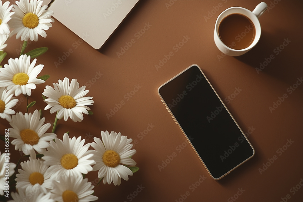 Modern Workspace with Flowers and Coffee Modern Workspace with Flowers and Coffee