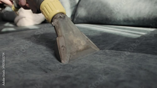 Cleaning the sofa from dirt with a washing vacuum cleaner. Cleaning company services, business. Copy space for text, chemical solution