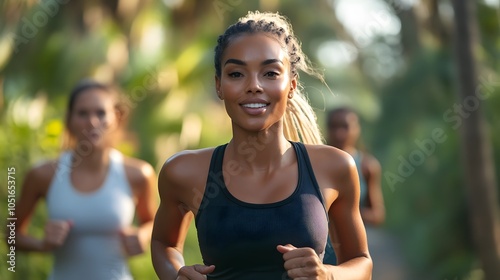 Smiling Black woman running with friends in a lush green park environment. photo