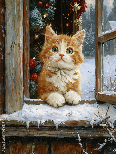 A cute fluffy kitten sitting by a frosty window, gazing out at snowflakes falling on a snowy Christmas tree. The cozy winter scene captures festive warmth and holiday charm amid frosty nature.