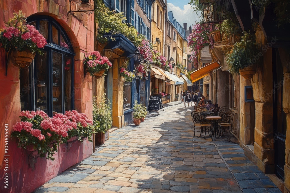 Fototapeta premium A picturesque European tourist location, featuring charming cobblestone streets, historic buildings, and bustling cafes. Abstract image. Generative A