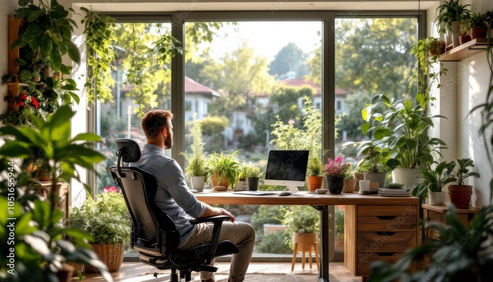 Naklejka premium A person working in a home office surrounded by abundant indoor plants, with a scenic outdoor view through large windows.