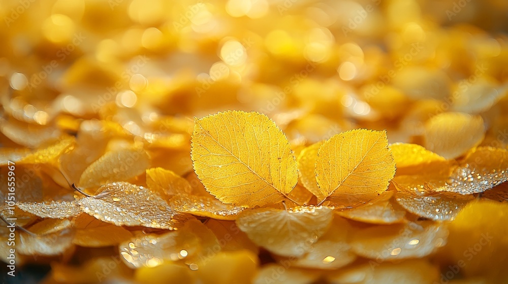 A close-up of vibrant yellow leaves with dew, creating a serene autumn atmosphere. A close-up of vibrant yellow leaves with dew, creating a serene autumn atmosphere.