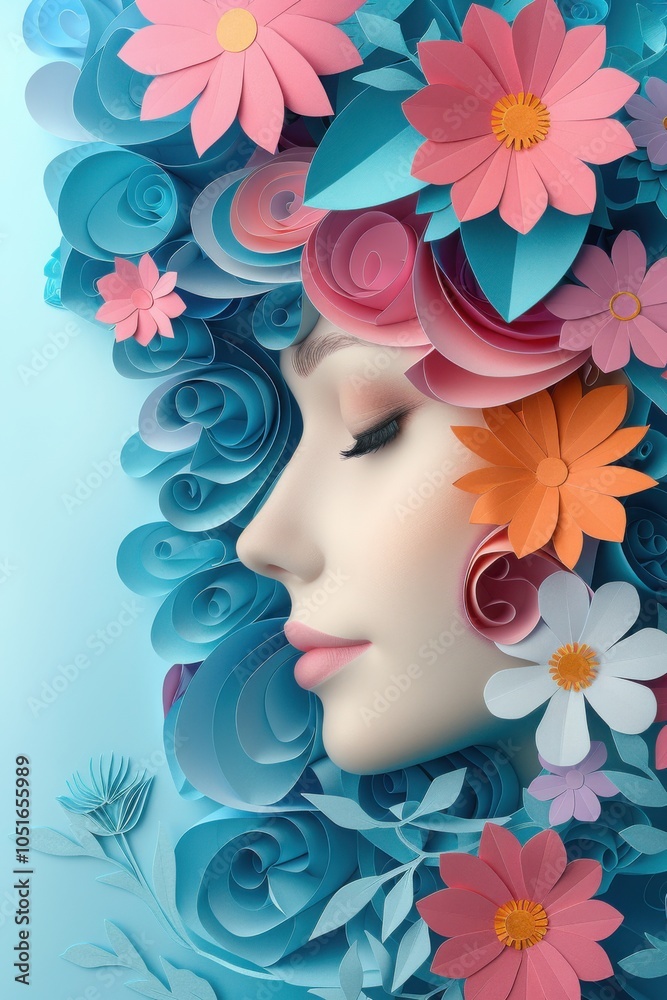 Naklejka premium A vibrant paper sculpture of a woman face adorned with multicolored flowers representing artistic creativity and natural beauty