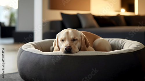 Labrador Retriever resting comfortably in a round, plush, anti-stress dog bed