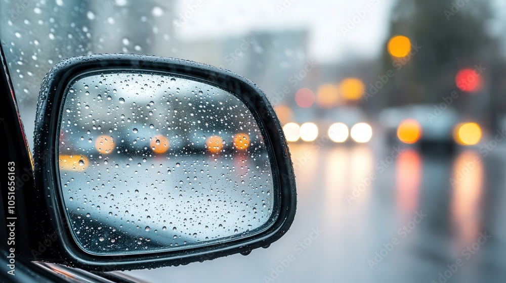 Raindrops on Car Mirror, intimate focus on droplets reflecting an urban scene, blurred street lights create a moody ambiance, perfect for atmospheric backdrops. Raindrops on Car Mirror, intimate focus on droplets reflecting an urban scene, blurred street lights create a moody ambiance, perfect for atmospheric backdrops.