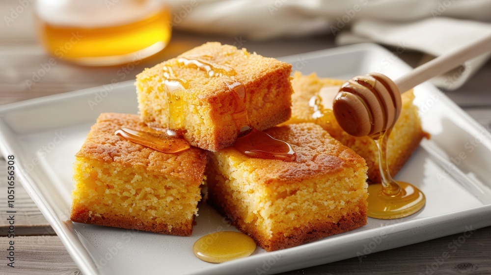 Cornbread Delights, vibrant flat design of golden cornbread squares topped with a glossy honey drizzle, showcasing a warm, inviting treat perfect for any occasion Cornbread Delights, vibrant flat design of golden cornbread squares topped with a glossy honey drizzle, showcasing a warm, inviting treat perfect for any occasion