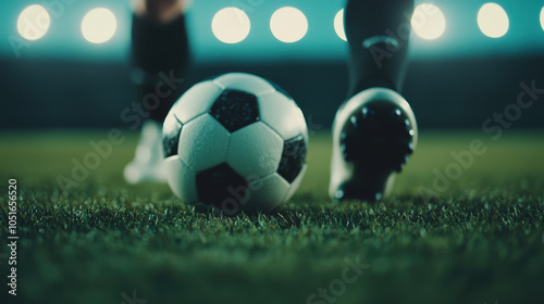 close up of two soccer players feet kicking ball on vibrant stadium field  showcasing excitement and energy of game