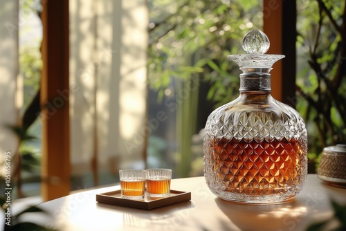 Crystal whiskey decanter and glasses in warm sunlight, creating a sophisticated and inviting ambiance for a relaxing drink. photo