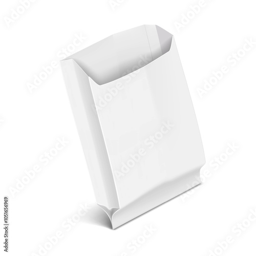White blank open paper bag. 3d mockup. Greaseproof pouch package holder for takeout fast food meals. Realistic vector mock-up. Template for design