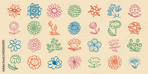 Flower sketch set. Hand drawn vector illustration. Color pen or marker drawing. Primitive kids picture