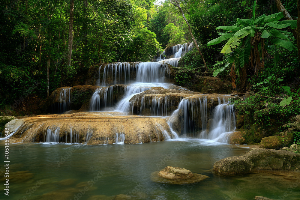 Fototapeta premium Serene Waterfall in Lush Forest
