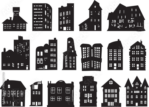 Set silhouettes of futuristic houses. Hand drawn vector illustration	