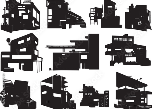 Set silhouettes of futuristic houses. Hand drawn vector illustration	