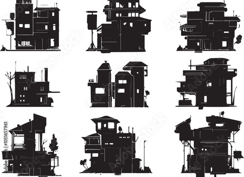 Set silhouettes of futuristic houses. Hand drawn vector illustration	