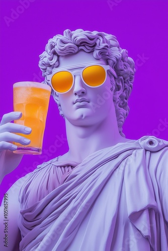 Greek apollo statue wearing glasses and holding a drink, purple background