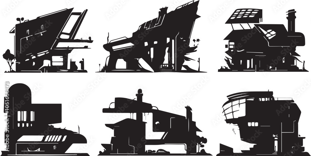 Obraz premium Set silhouettes of futuristic houses. Hand drawn vector illustration