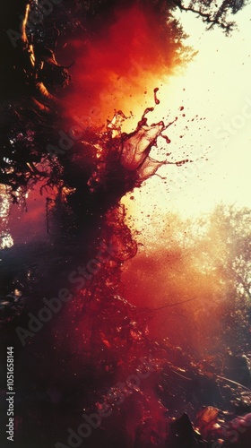 Dramatic splash of dark liquid in vibrant red tones, captured with intense light and shadow contrasts.